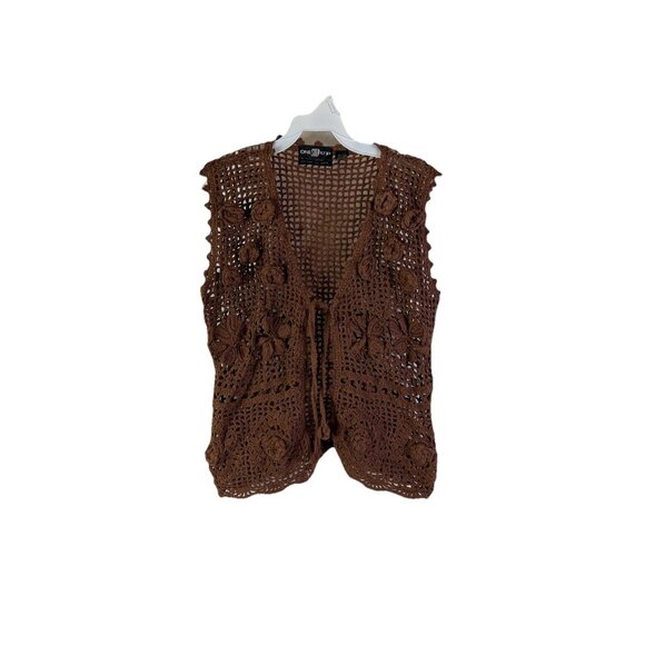 VTG 90s Hand Knit Crochet Floral Vest Shirt Boho Rave Coastal - Picture 1 of 8